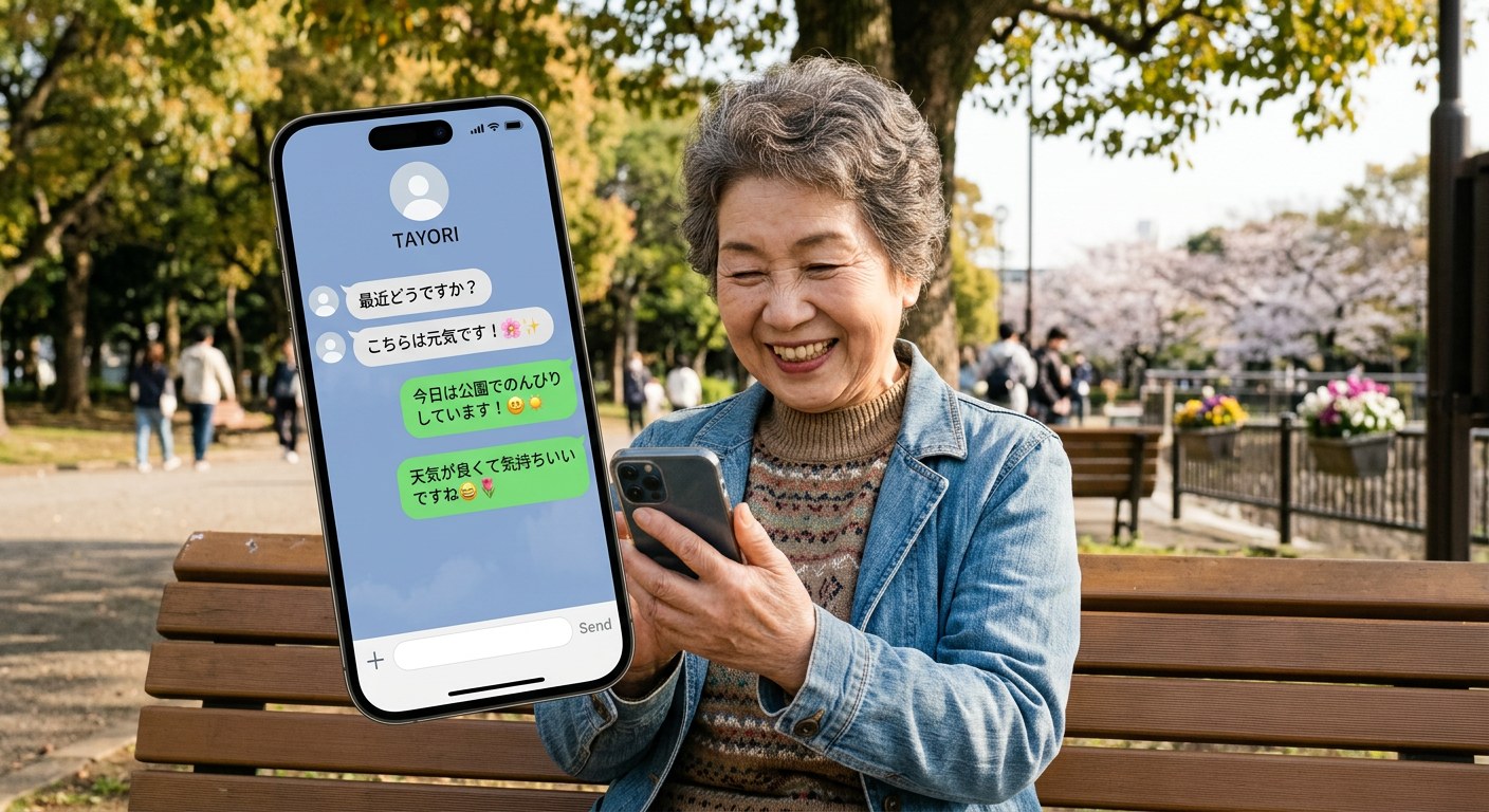 公園でLINEを楽しむ利用者の写真